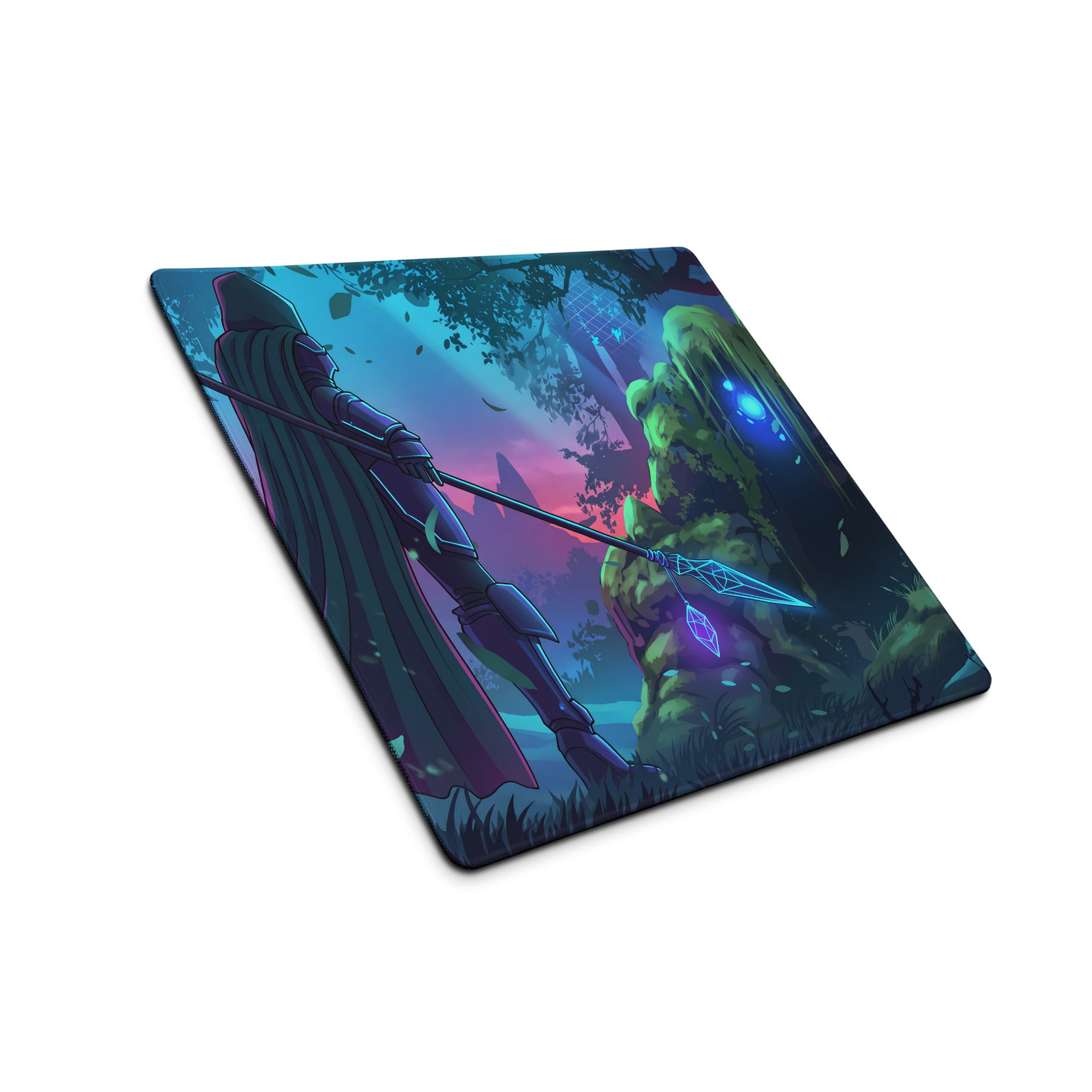 Neon vaporwave knight mouse pad with vibrant blue and purple digital art of a cloaked warrior in a mystical forest