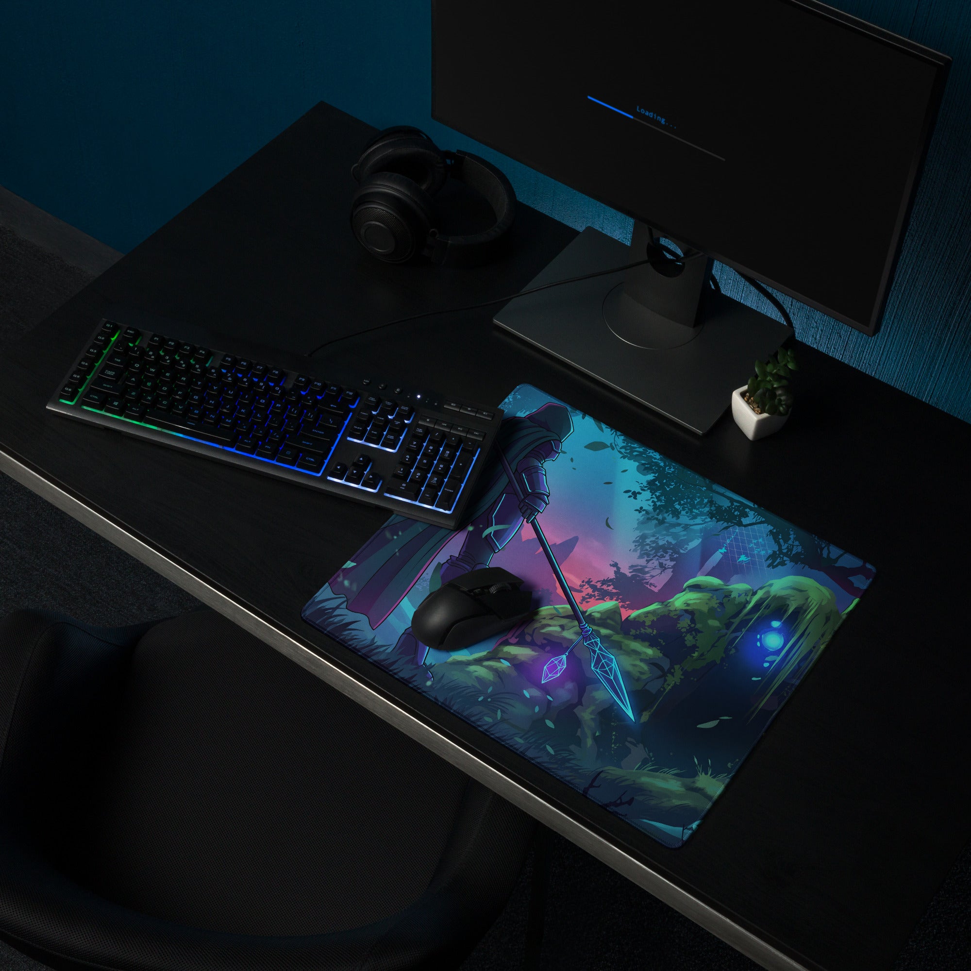 Neon vaporwave knight gaming mouse pad with vibrant fantasy character holding glowing spear in blue and purple tones
