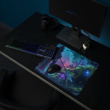 Neon vaporwave knight gaming mouse pad with vibrant fantasy character holding glowing spear in blue and purple tones