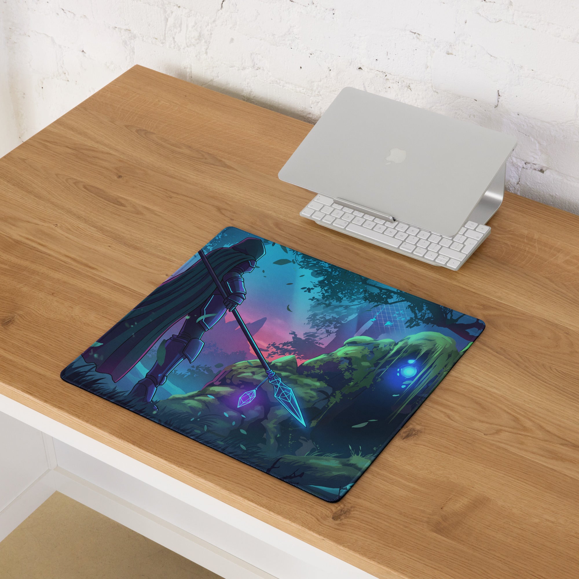 Rectangular neon vaporwave knight mouse pad with a glowing blue spear fantasy illustration in blue purple tones
