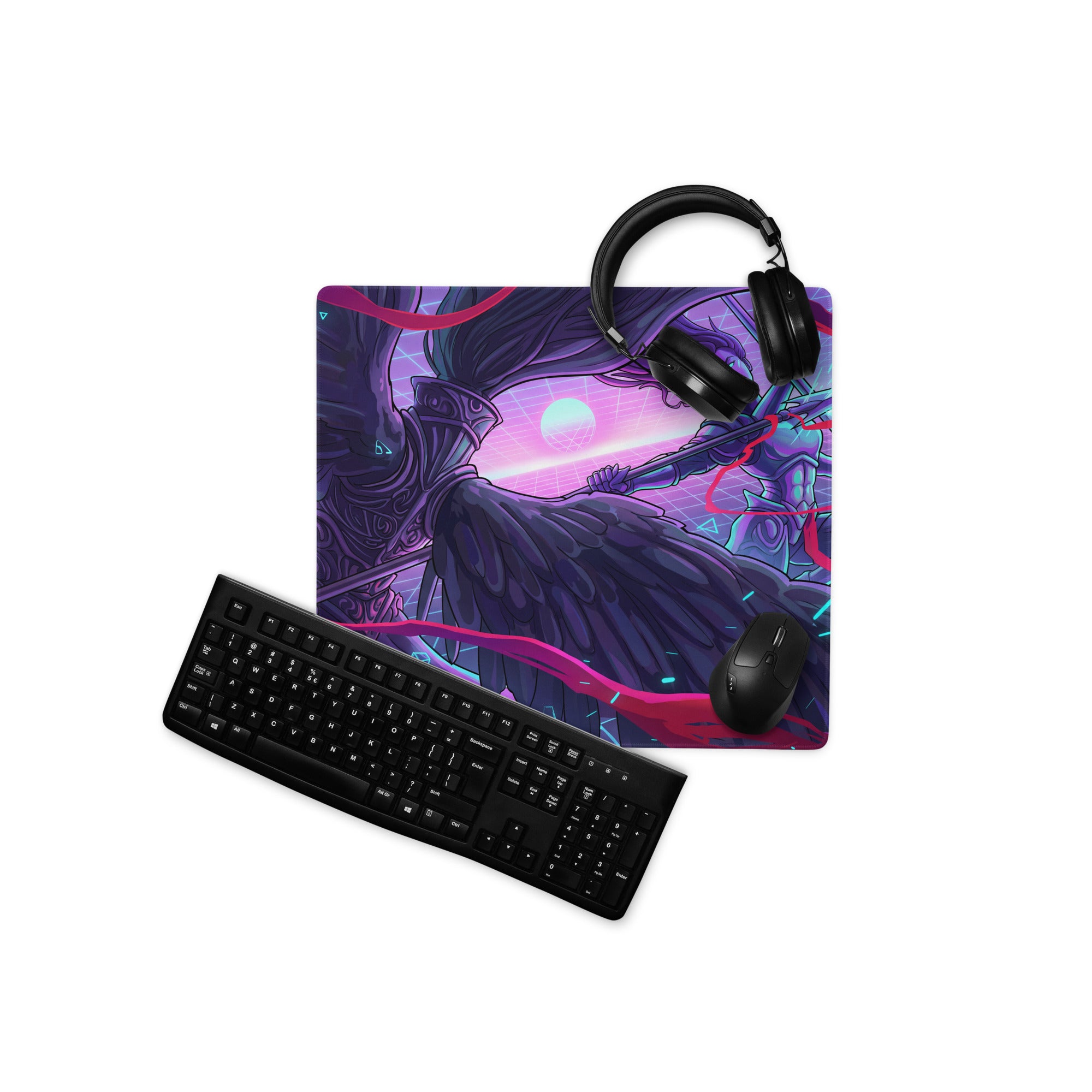 Purple and pink cyberpunk gaming mouse pad with winged figure design and black headphones on top for vaporwave neon art decor