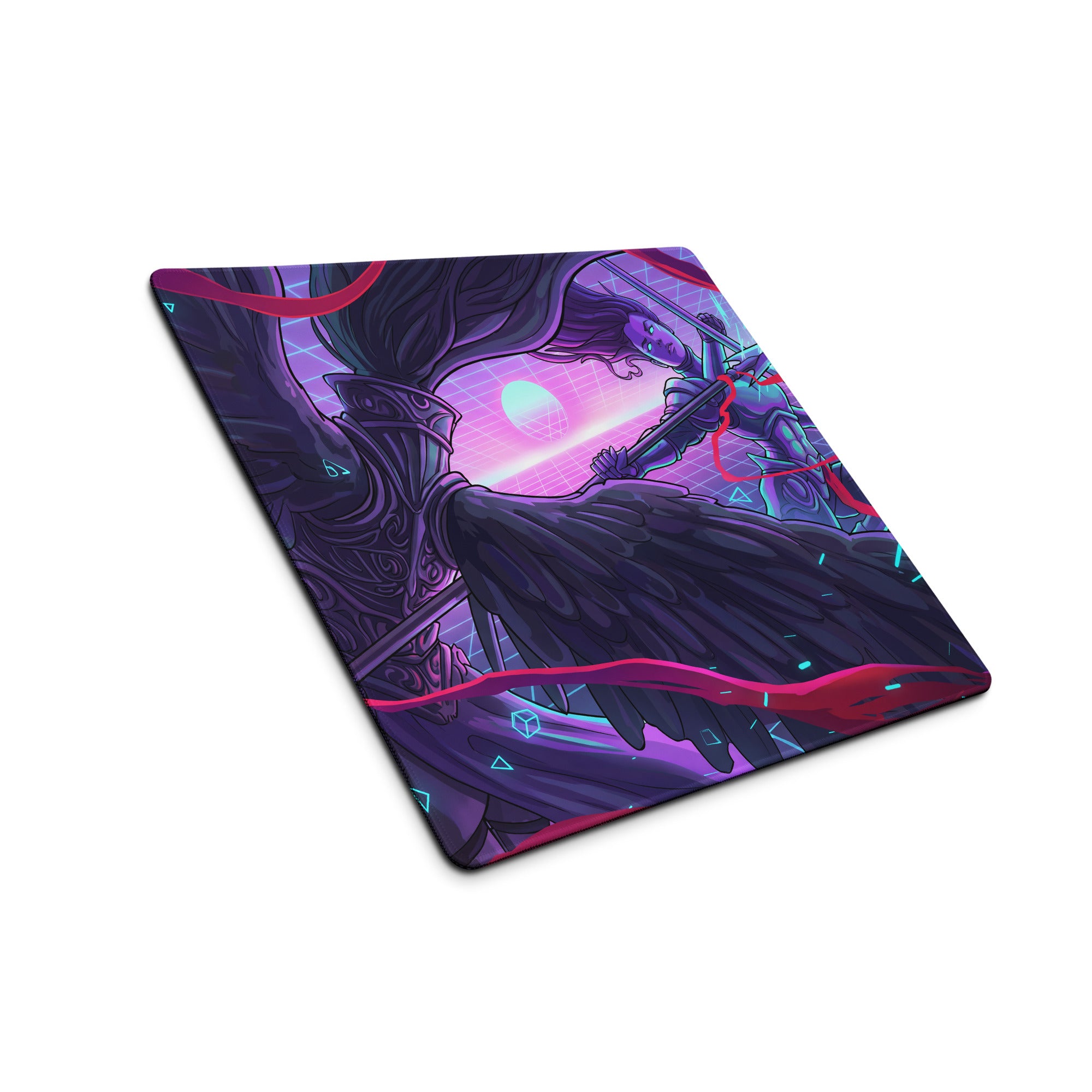 Navy blue and purple gaming mousepad featuring a stylized fantasy character with wings on a neon grid backdrop