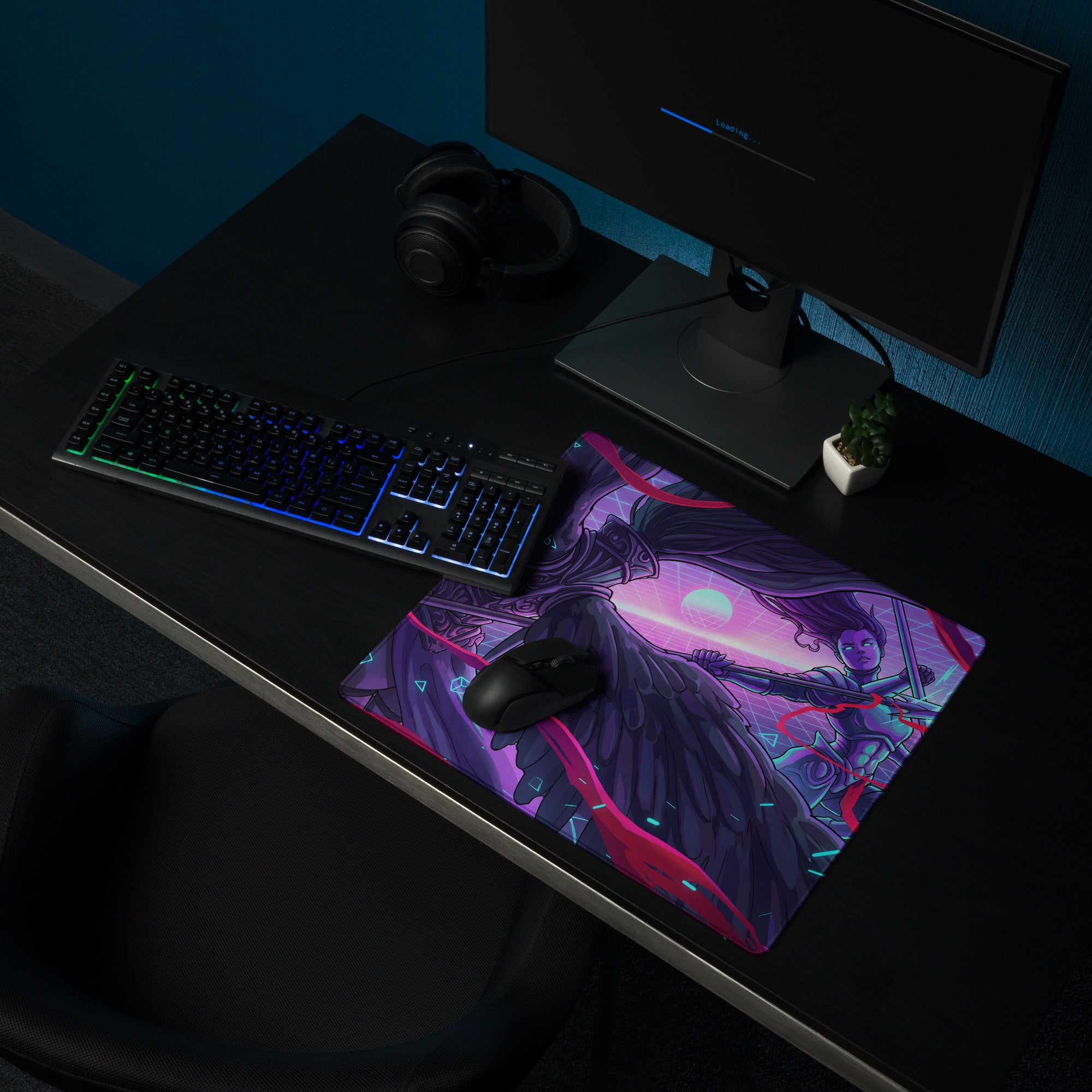Vaporwave neon art gaming mouse pad with vibrant purple pink fantasy winged character on dark desk surface