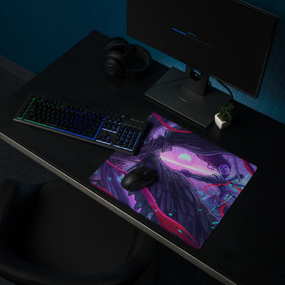 Vaporwave neon art gaming mouse pad with vibrant purple pink fantasy winged character on dark desk surface