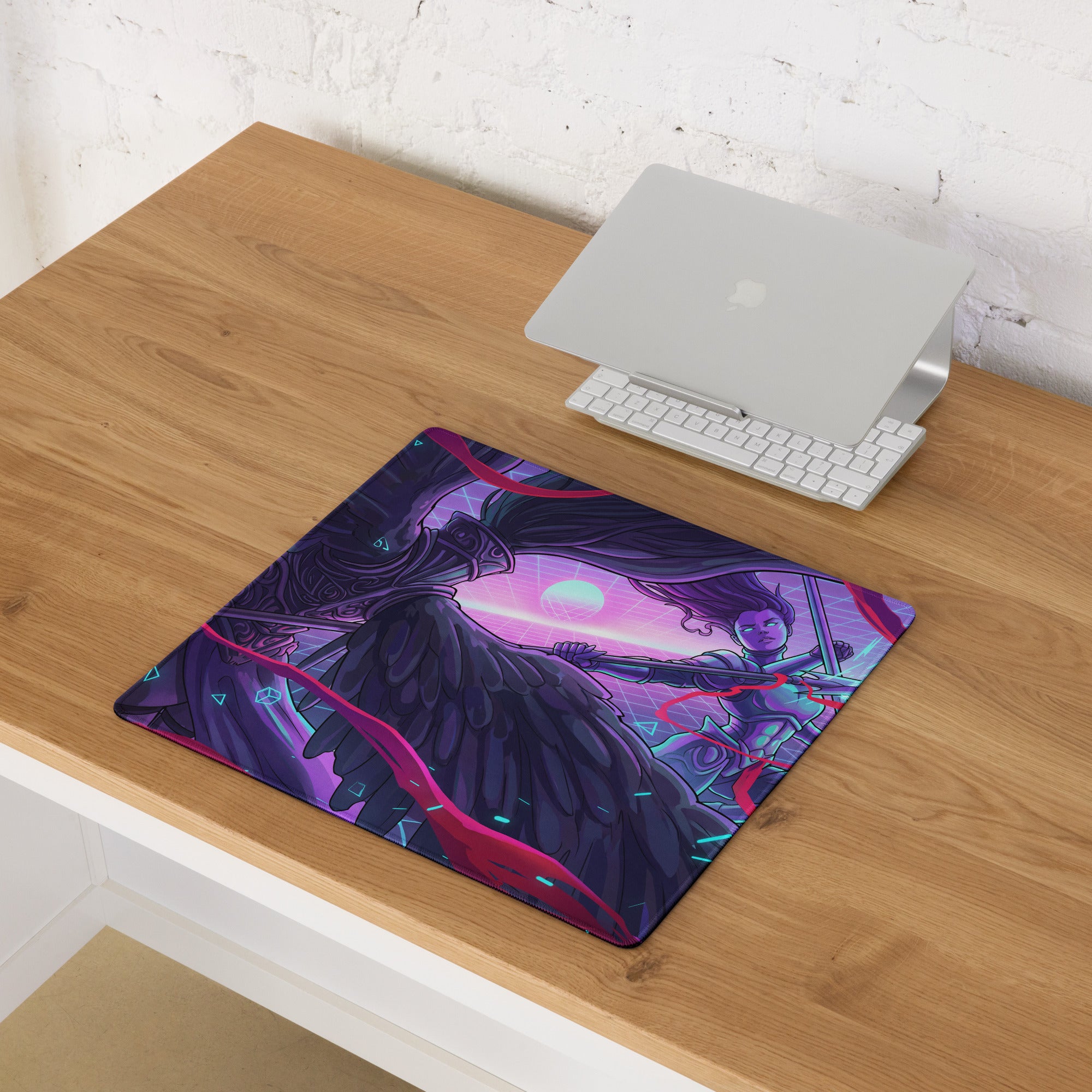 Purple and pink vaporwave neon art gaming mouse pad featuring a fantasy winged character with dreamy mood design