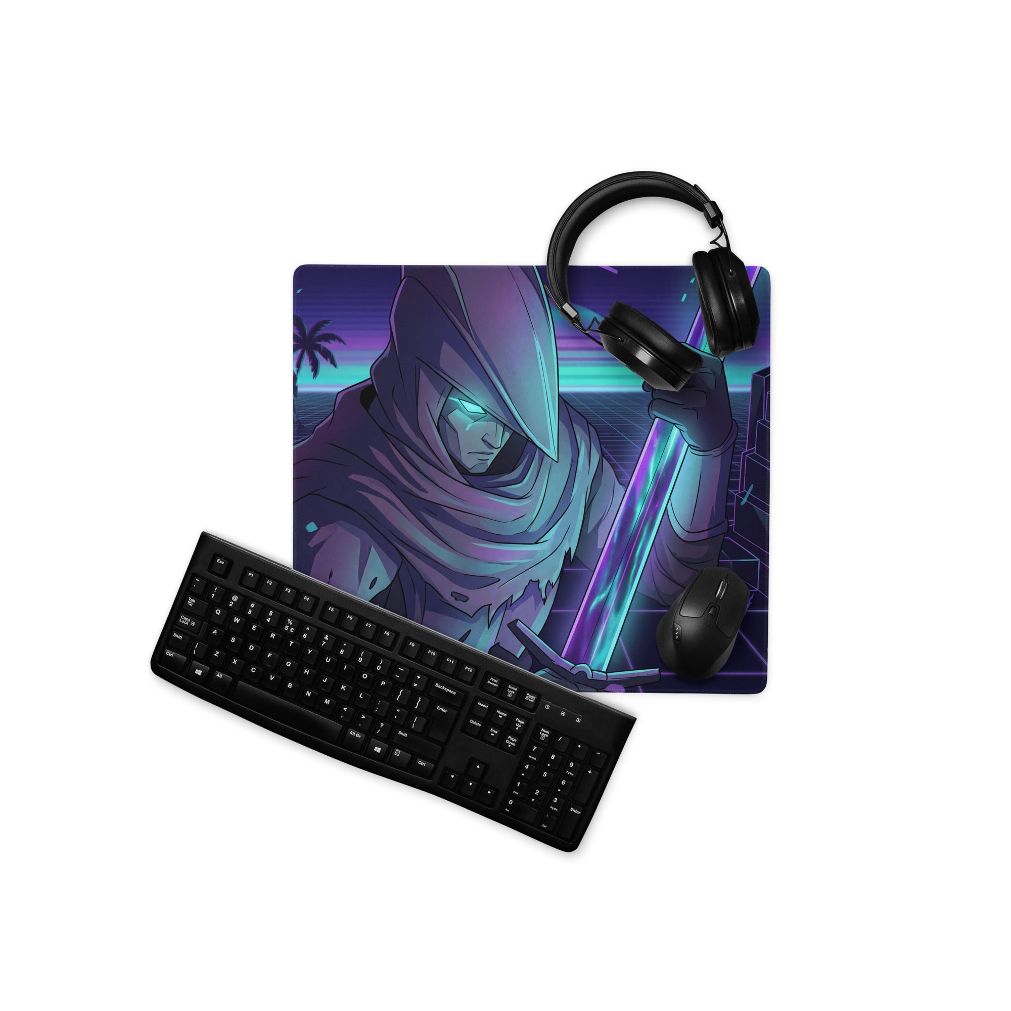 Neon vaporwave gaming mouse pad with ninja-themed vibrant purple and teal cyberpunk design and glowing sword character
