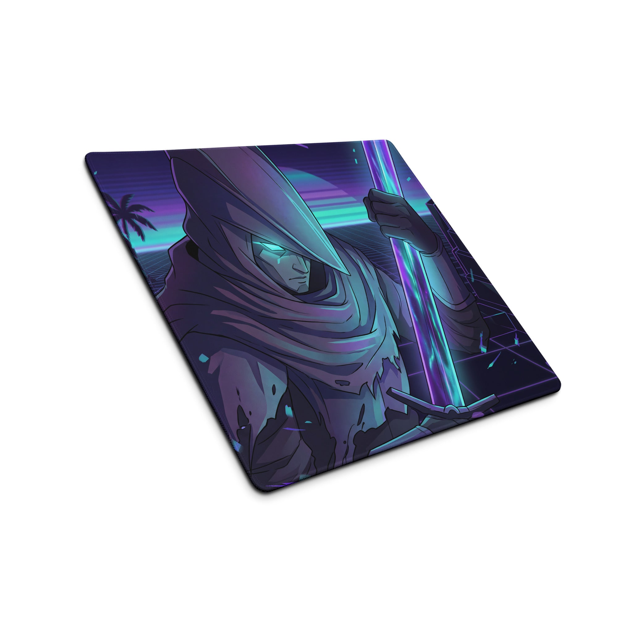 Navy blue and purple neon vaporwave gaming mousepad with hooded warrior and glowing sword on retro sunset backdrop