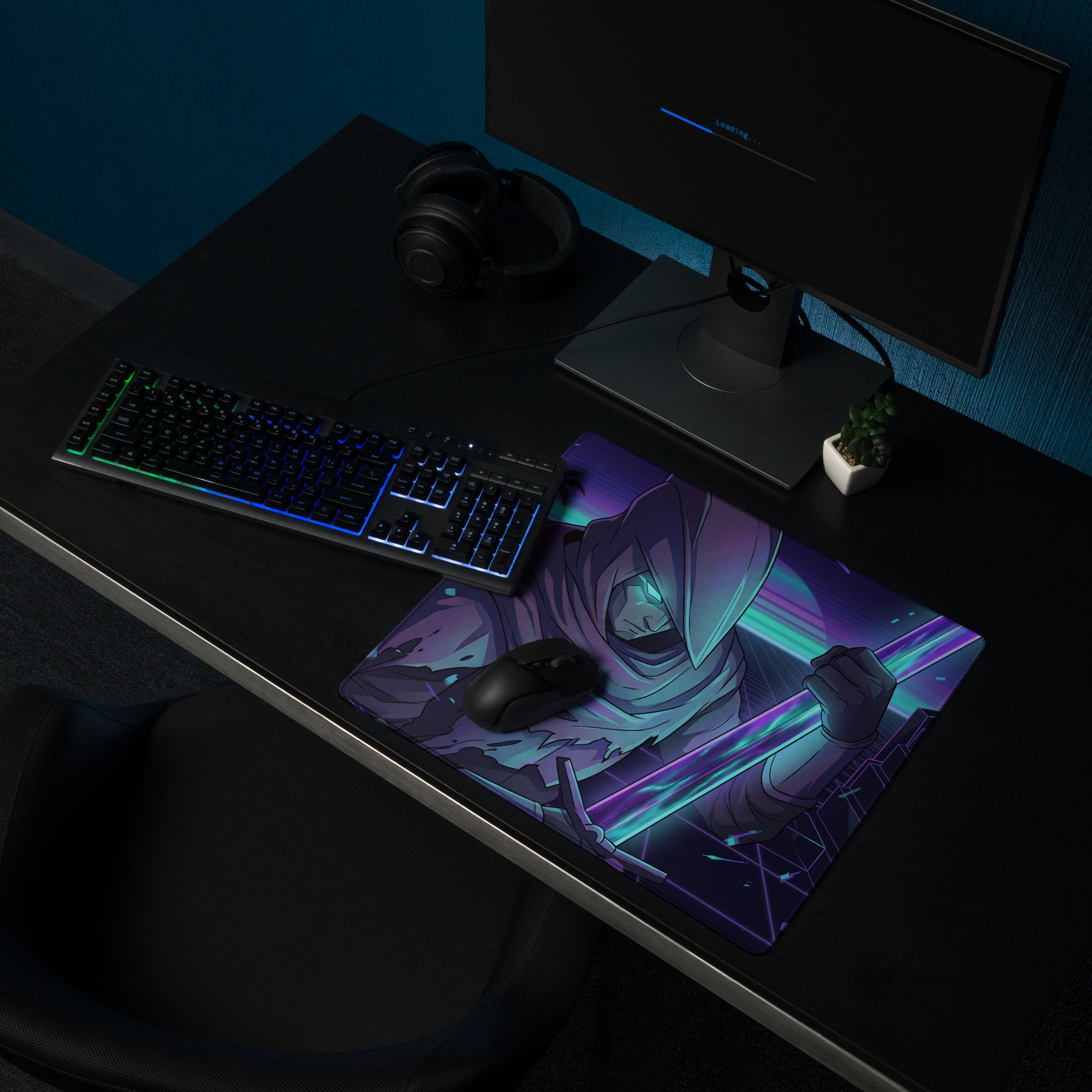 Neon vaporwave gaming mouse pad featuring a ninja hooded character with glowing blades in purple and teal neon design