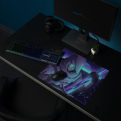 Neon vaporwave gaming mouse pad featuring a ninja hooded character with glowing blades in purple and teal neon design
