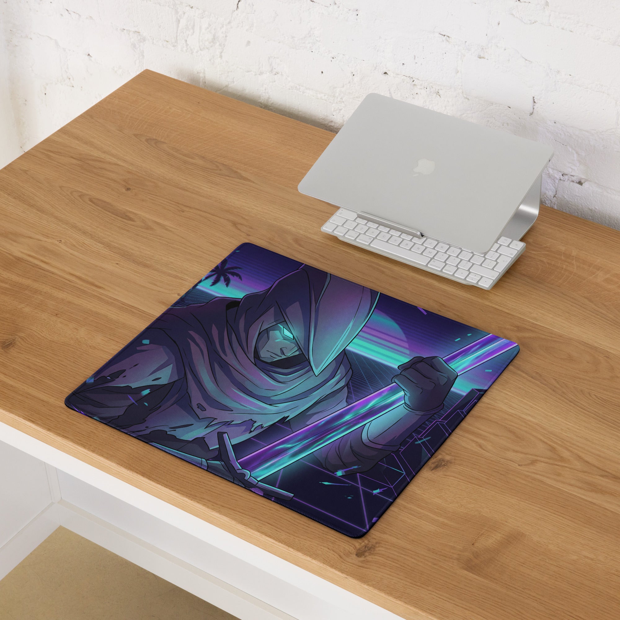 Navy blue and purple neon vaporwave gaming mouse pad featuring a hooded figure with glowing neon swords non slip