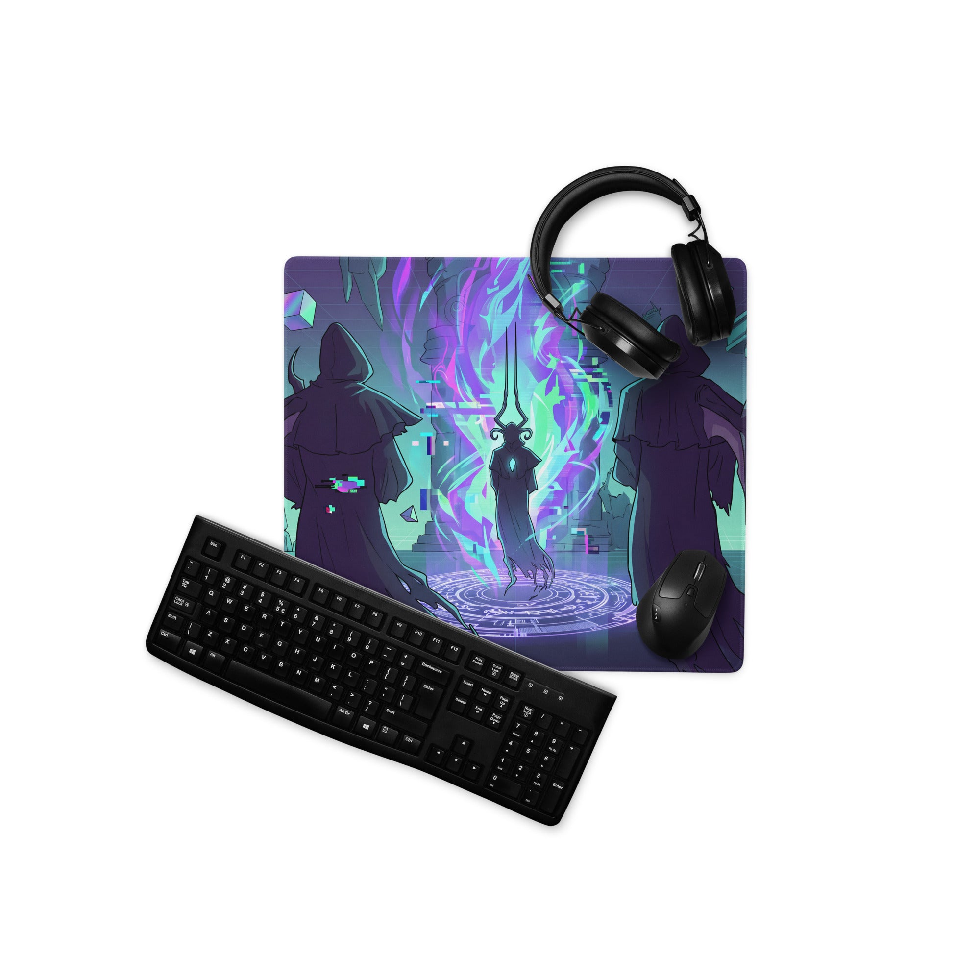 Purple and teal neon vaporwave gaming mouse pad with glowing central figure and hooded robed characters design