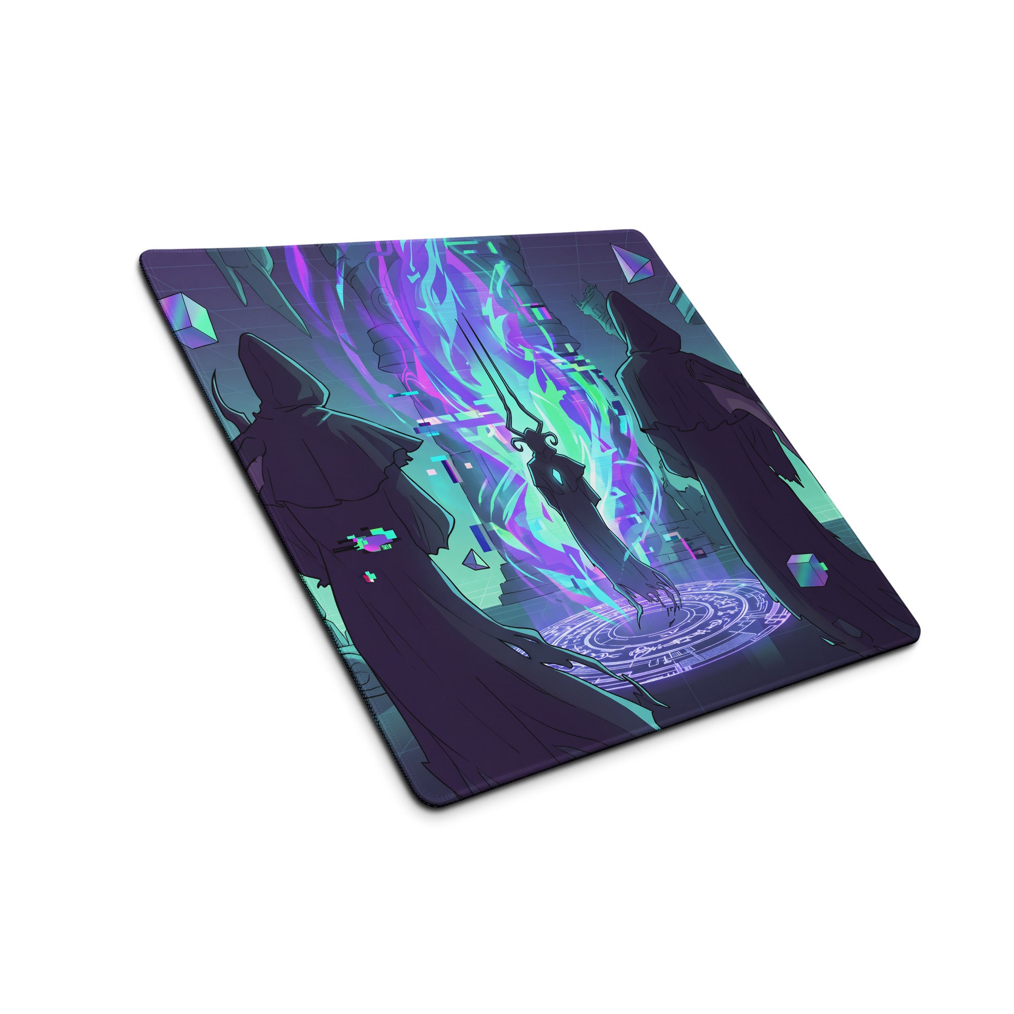Neon vaporwave gaming mouse pad with vibrant purple and teal hooded figures around a glowing magical portal design