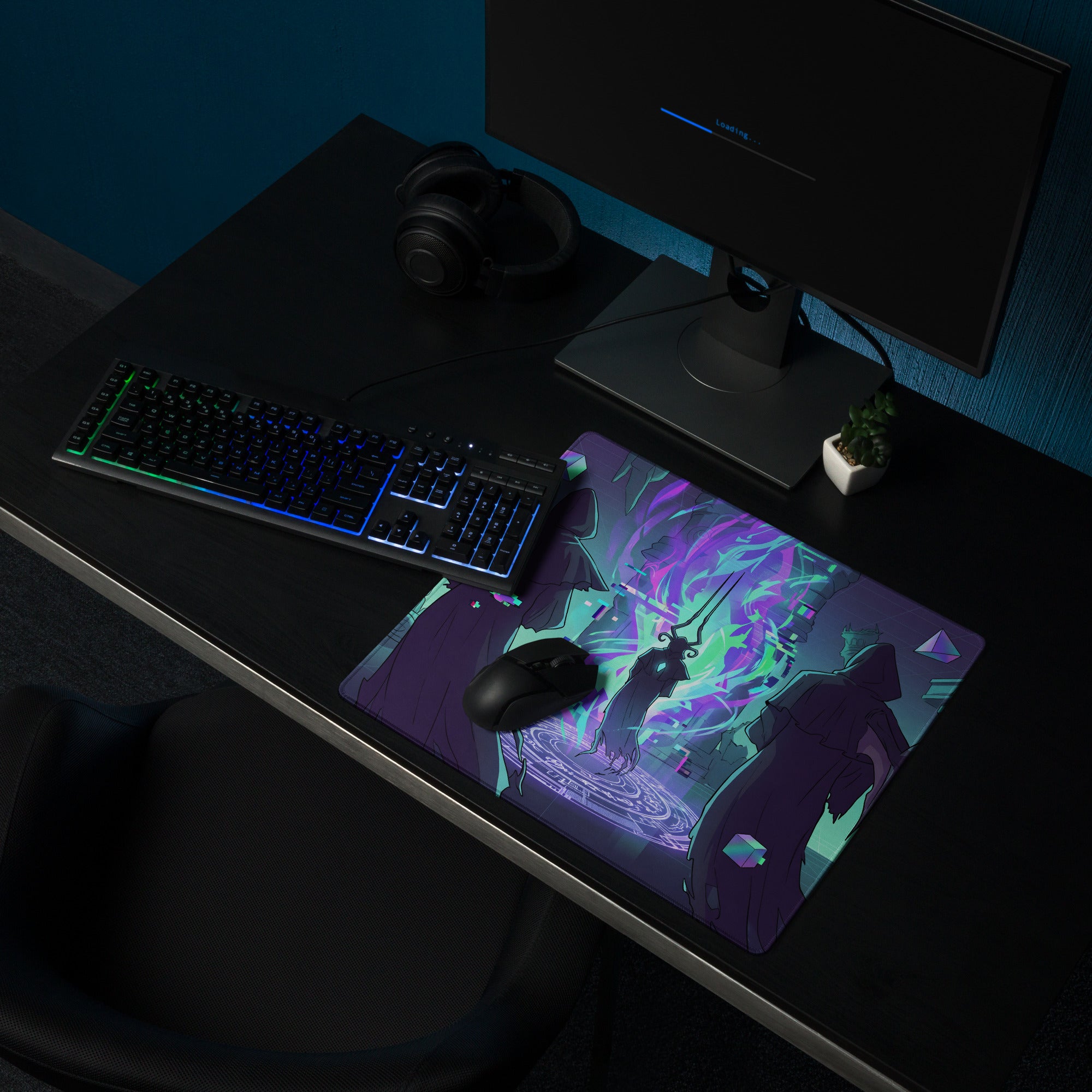 Neon vaporwave gaming mouse pad with vibrant purple and teal anime illustration and swirling energy effects