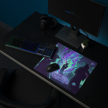 Neon vaporwave gaming mouse pad with vibrant purple and teal anime illustration and swirling energy effects