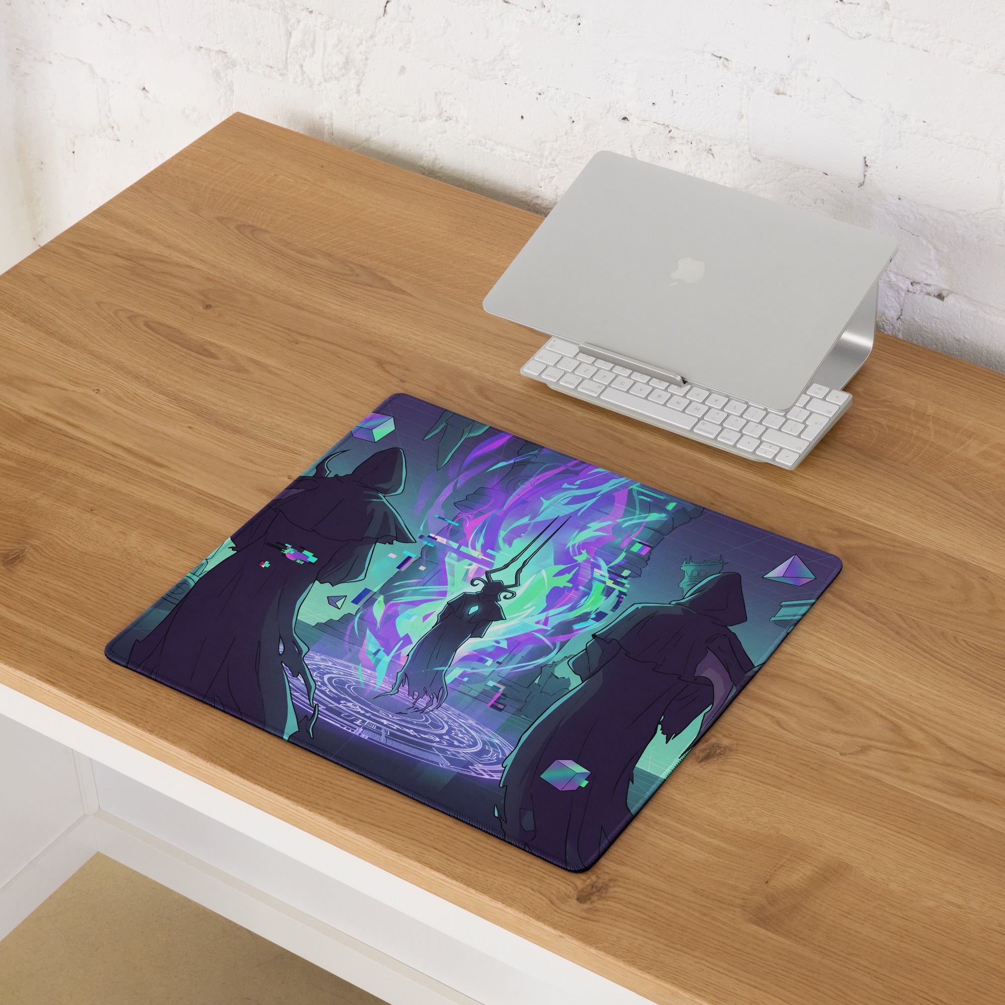 Vibrant purple and teal neon vaporwave gaming mouse pad with stylized characters in a mystical fantasy setting