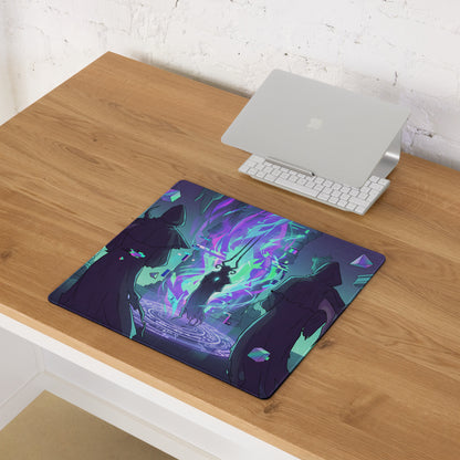 Vibrant purple and teal neon vaporwave gaming mouse pad with stylized characters in a mystical fantasy setting