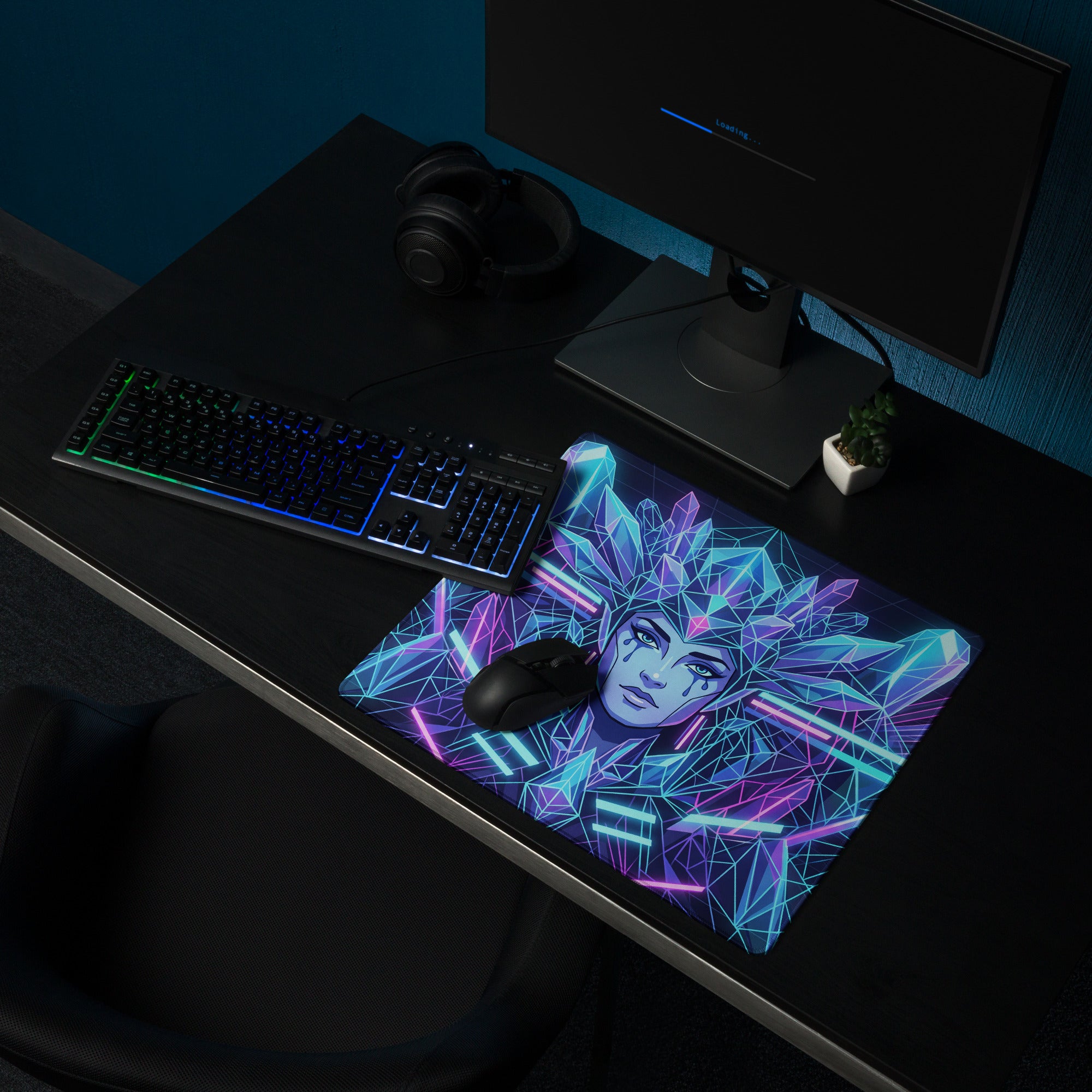 Vaporwave Neon Crystal Mouse Pad - Mouse Pad Neon Blue Purple Desk Setup Vaporwave Retro Mood Neon Decor Mat Digital Art