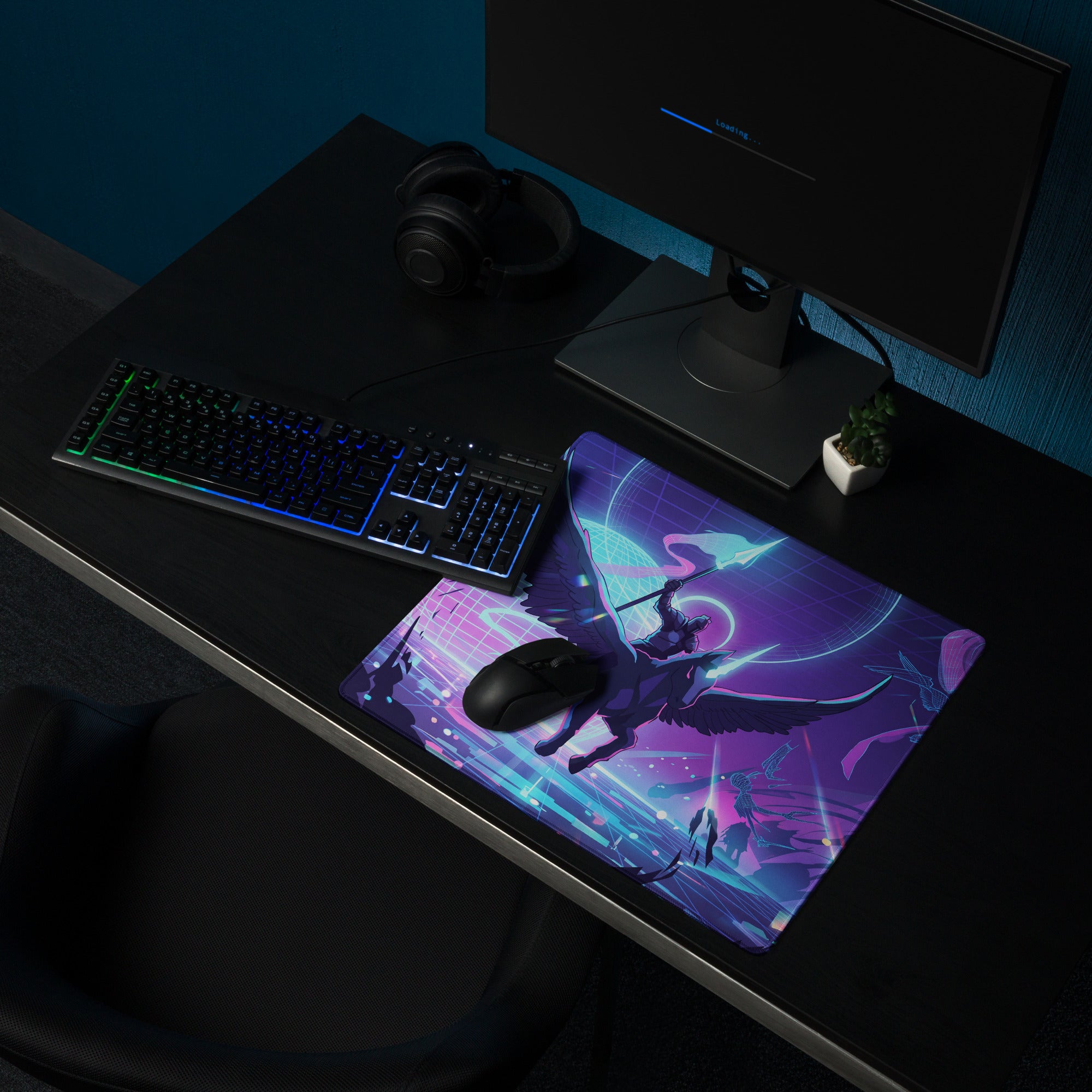 Neon Vaporwave Winged Pad - Gaming Mouse Pad Neon Purple Blue Desktop Vaporwave Futuristic Neon Desk Decor Digital Art