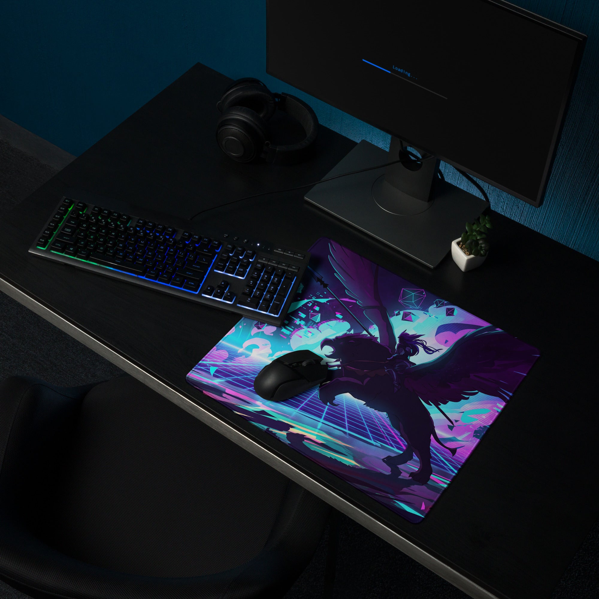 Neon Vaporwave Gaming Pad - Gaming Mouse Pad Purple Neon Blue Desktop Setup Vaporwave Cyberpunk Vibrant Mood Digital Art