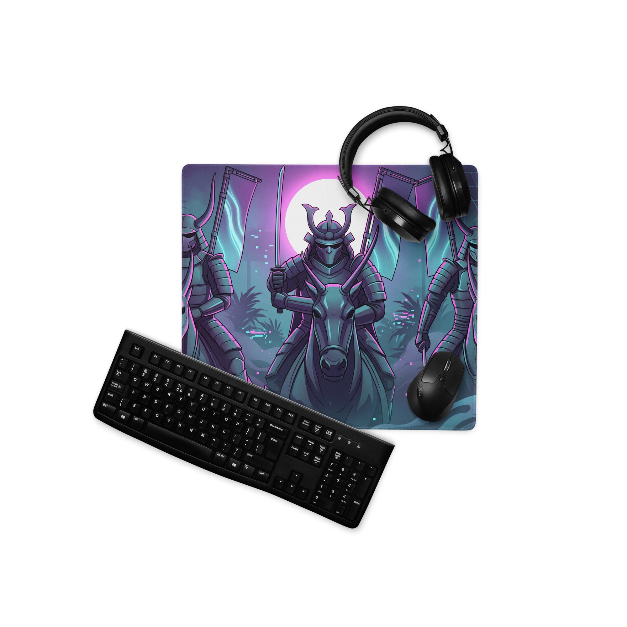 Neon Vaporwave Samurai Mouse Pad - Samurai Neon Purple Pink Vaporwave Energetic Retro Neon Decor Gaming Mat Digital Art