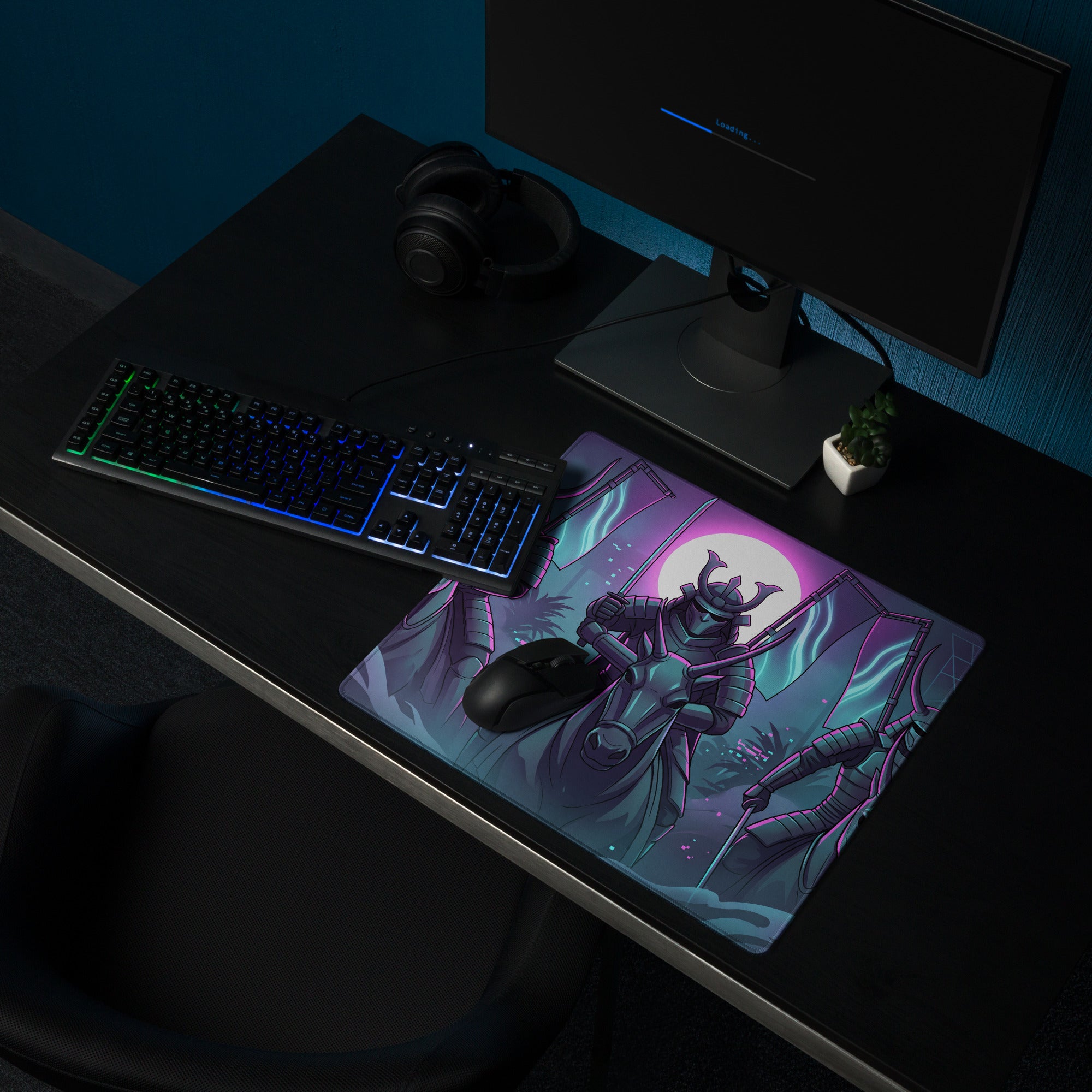 Neon Vaporwave Samurai Mouse Pad - Samurai Neon Purple Pink Vaporwave Energetic Retro Neon Decor Gaming Mat Digital Art