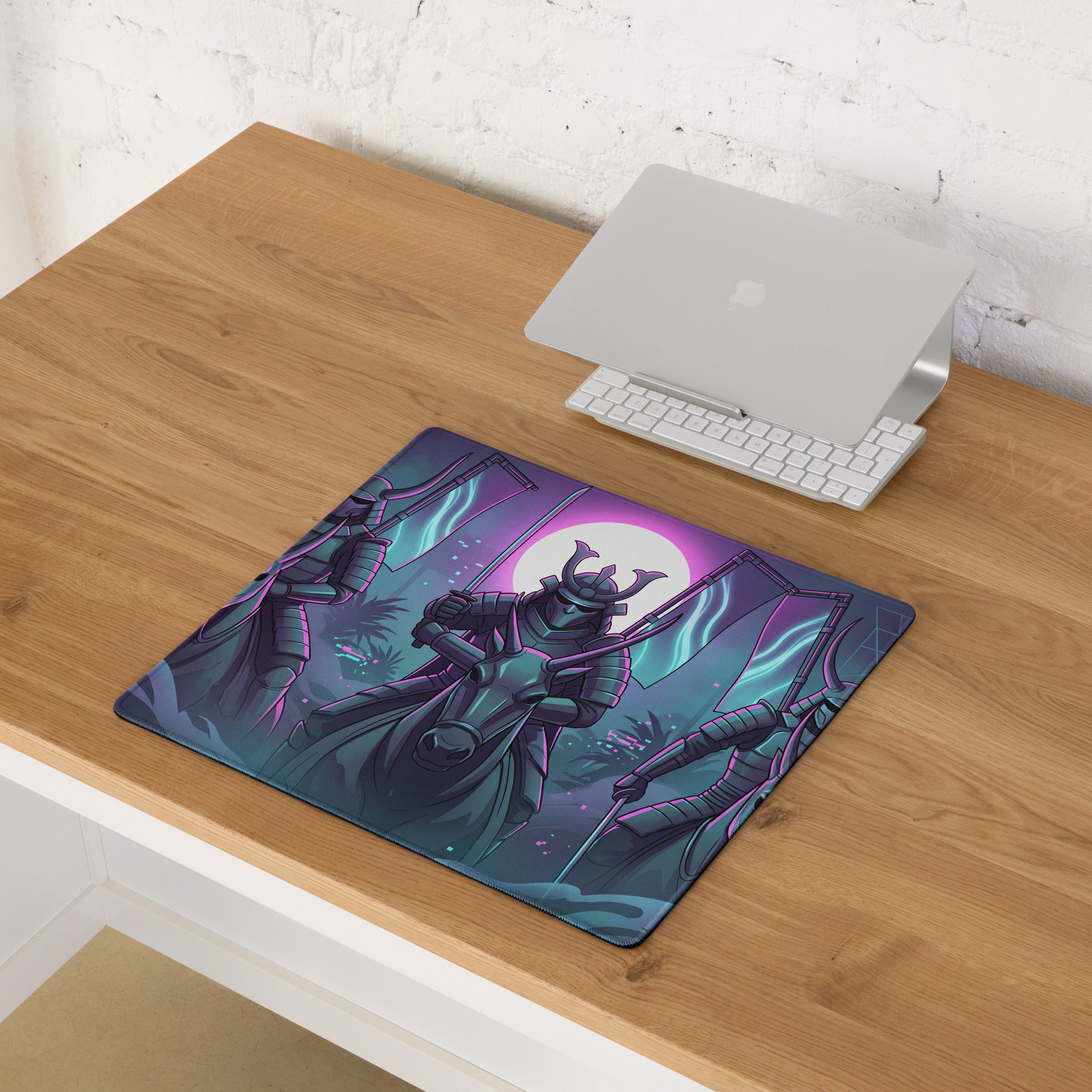 Neon Vaporwave Samurai Mouse Pad - Samurai Neon Purple Pink Vaporwave Energetic Retro Neon Decor Gaming Mat Digital Art