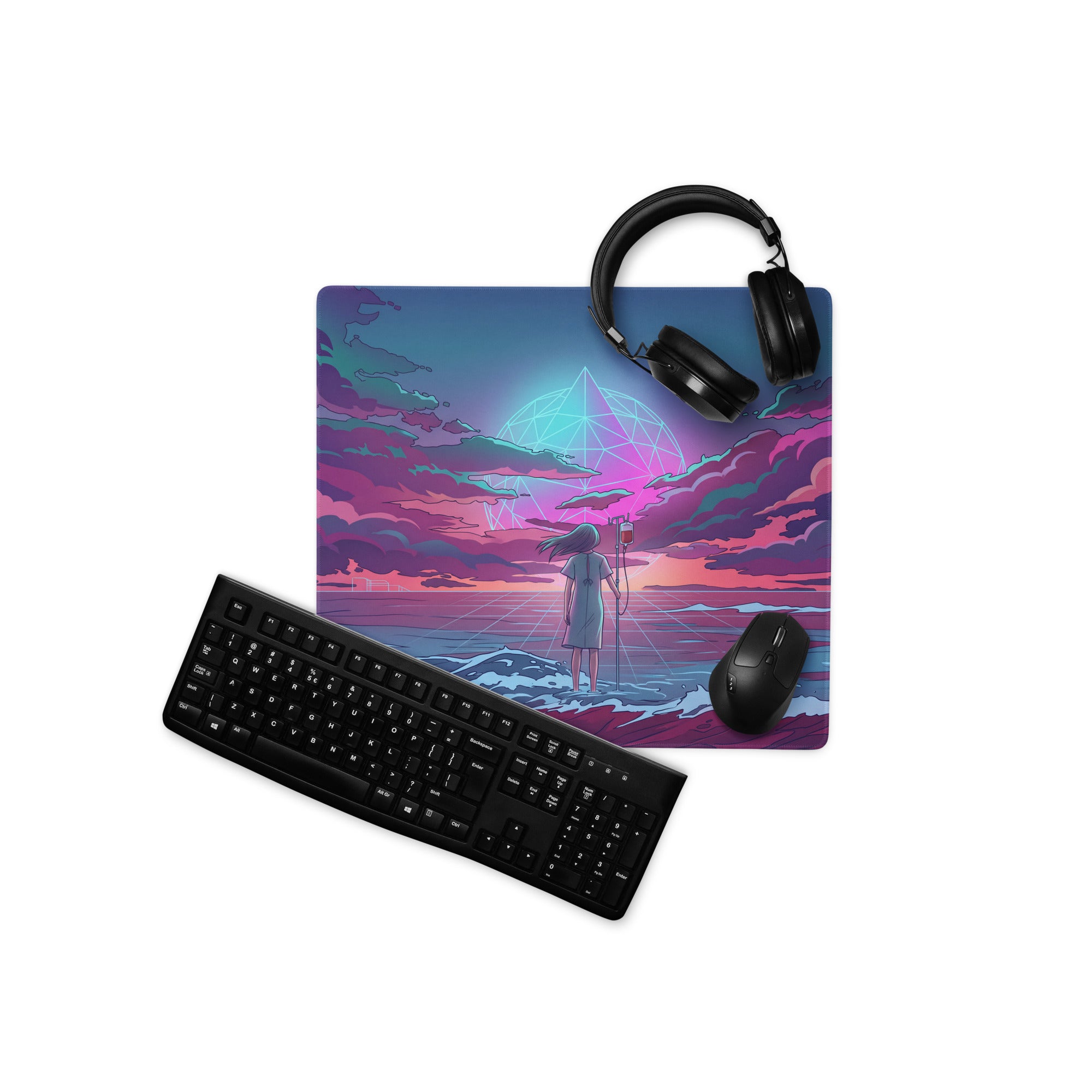 Vaporwave Neon Ocean Desk Pad - Gaming Mouse Pad Neon Pink Purple Cyan Vaporwave Dreamy Mood Neon Aesthetic Digital Art