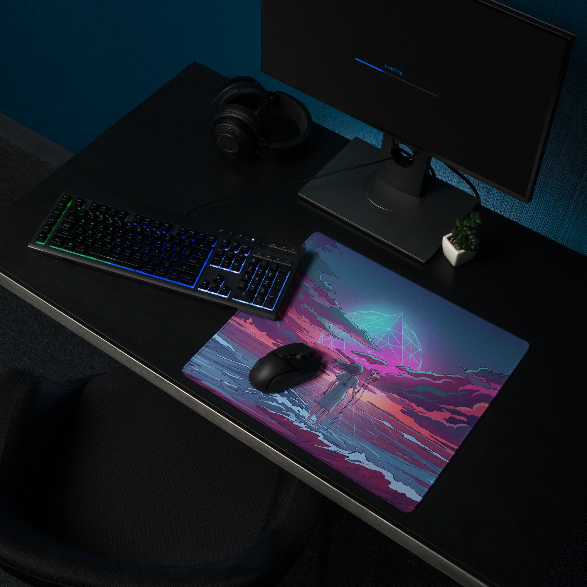 Vaporwave Neon Ocean Desk Pad - Gaming Mouse Pad Neon Pink Purple Cyan Vaporwave Dreamy Mood Neon Aesthetic Digital Art