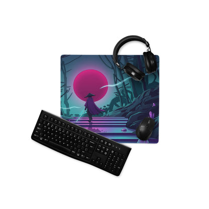 Vaporwave neon forest mouse pad with purple cloaked figure walking toward glowing pink sun in cyberpunk style
