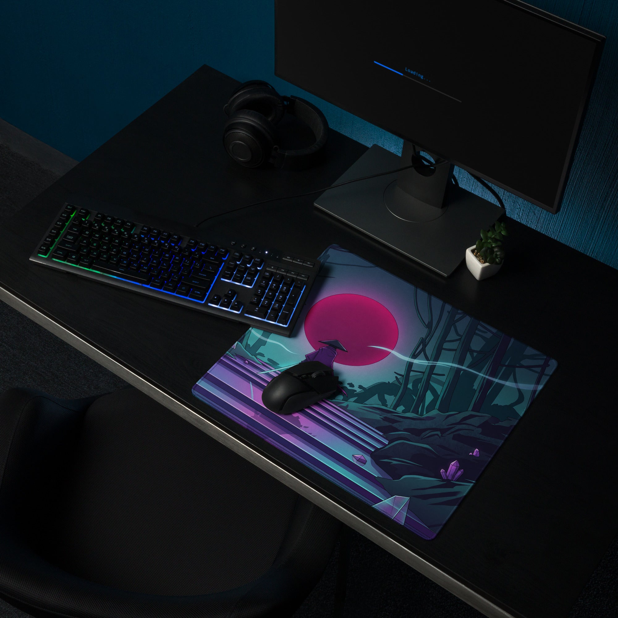 Vaporwave neon forest ninjago-themed gaming mousepad with vibrant pink sun purple and teal gradient steps and dark silhouettes