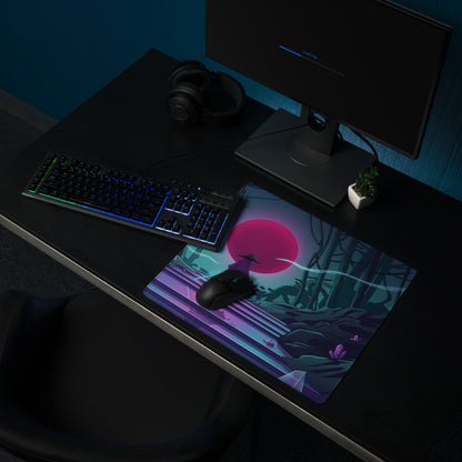 Vaporwave neon forest ninjago-themed gaming mousepad with vibrant pink sun purple and teal gradient steps and dark silhouettes
