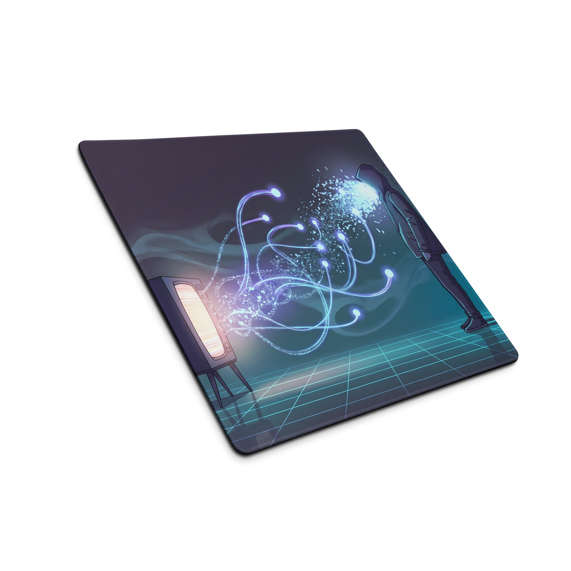 Vaporwave neon gaming mouse pad with dark purple and blue design featuring an astronaut and glowing energy lines