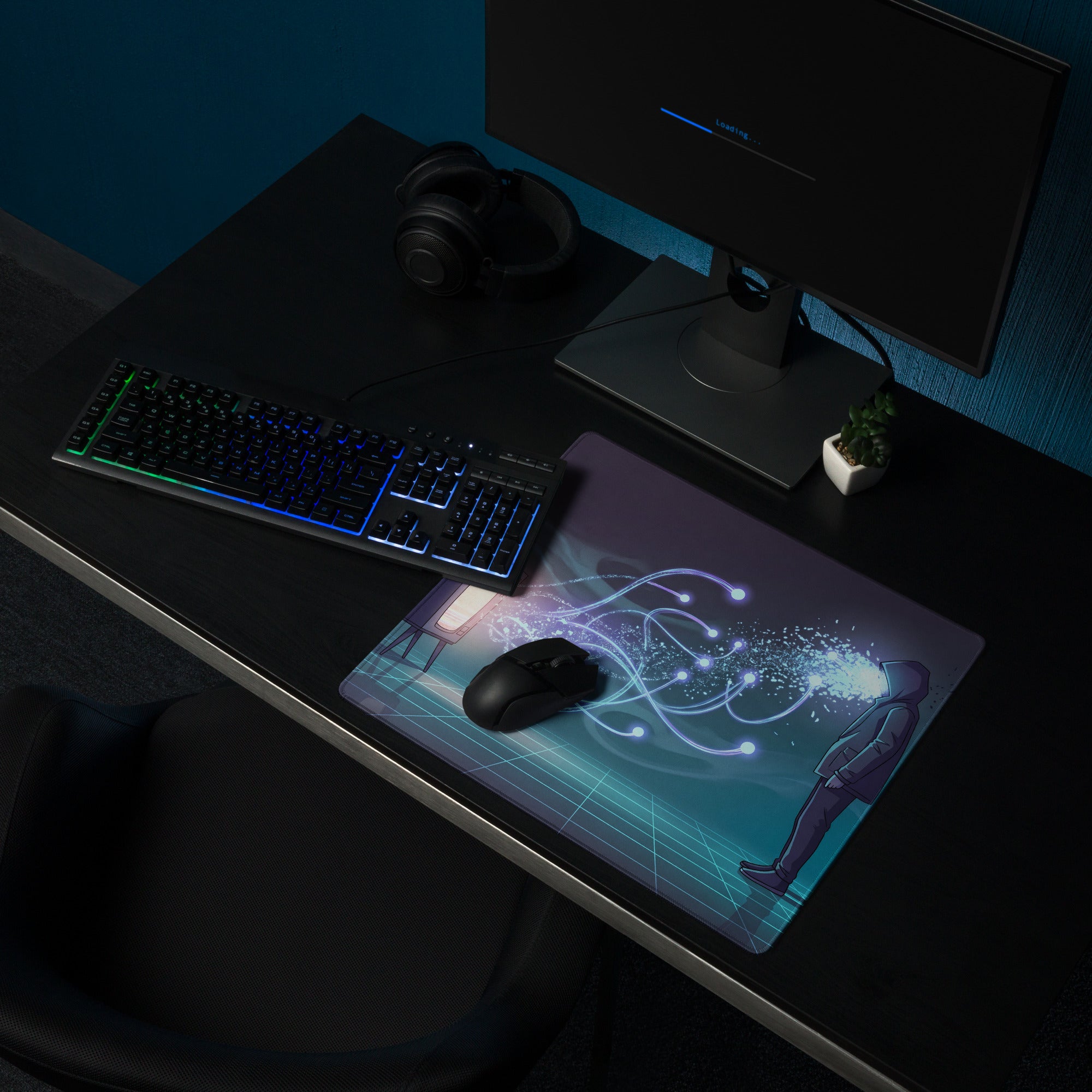 A sleek rectangular vaporwave neon gaming mouse pad with glowing blue and white circuit patterns on dark purple