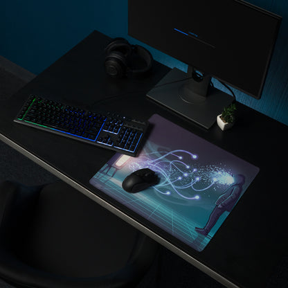 A sleek rectangular vaporwave neon gaming mouse pad with glowing blue and white circuit patterns on dark purple