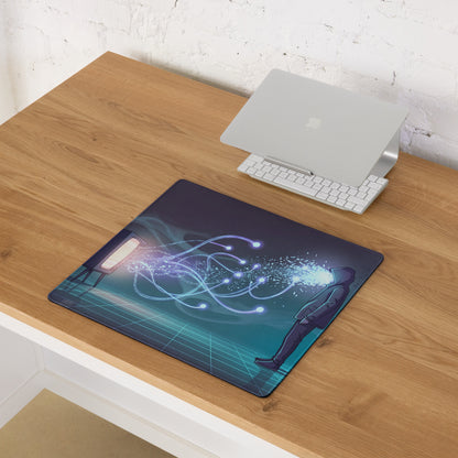 Rectangular vaporwave neon gaming mouse pad with dark blue and teal astronaut design and glowing light trails