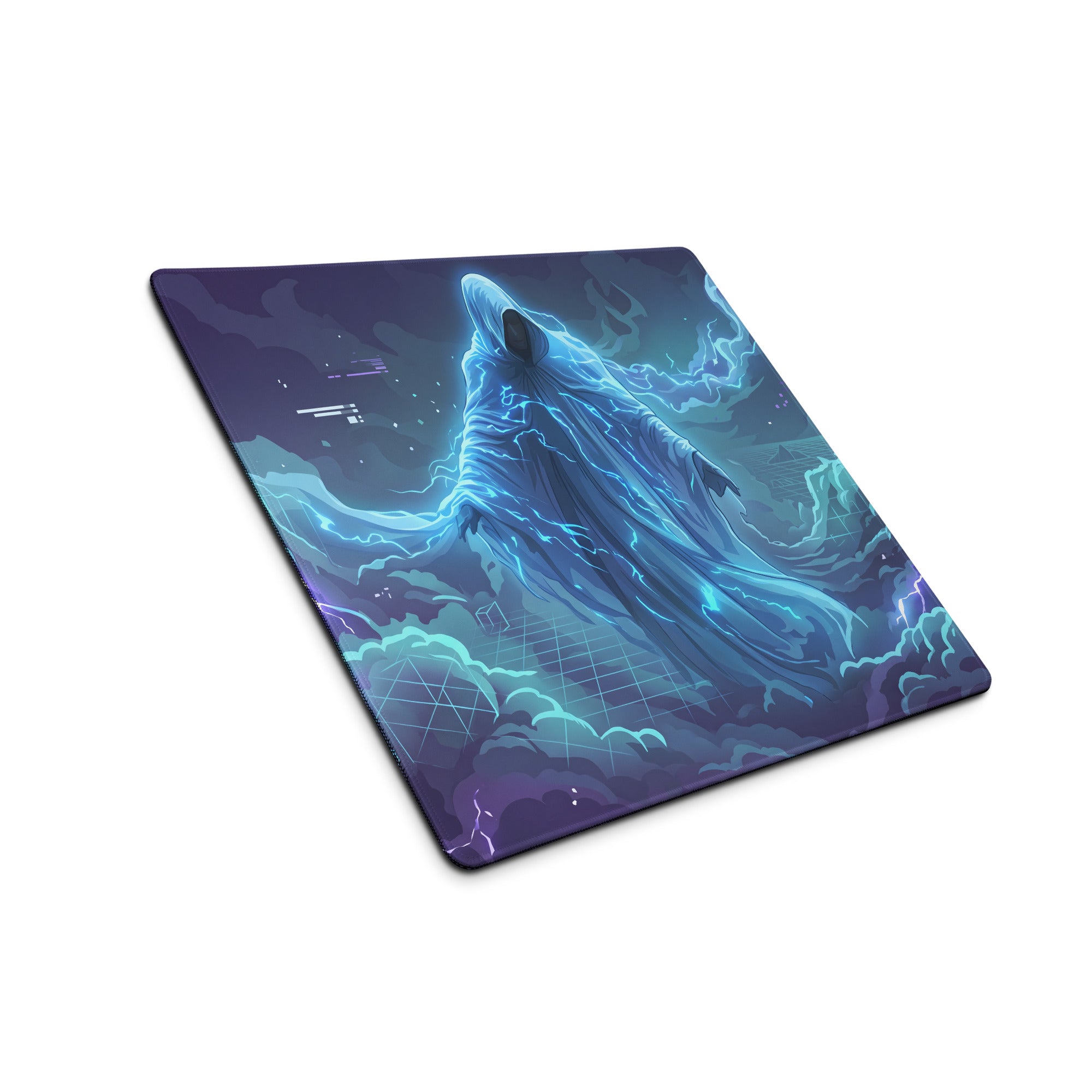 A rectangular vaporwave neon gaming mousepad with a blue and purple ghostly figure and lightning on a cosmic background