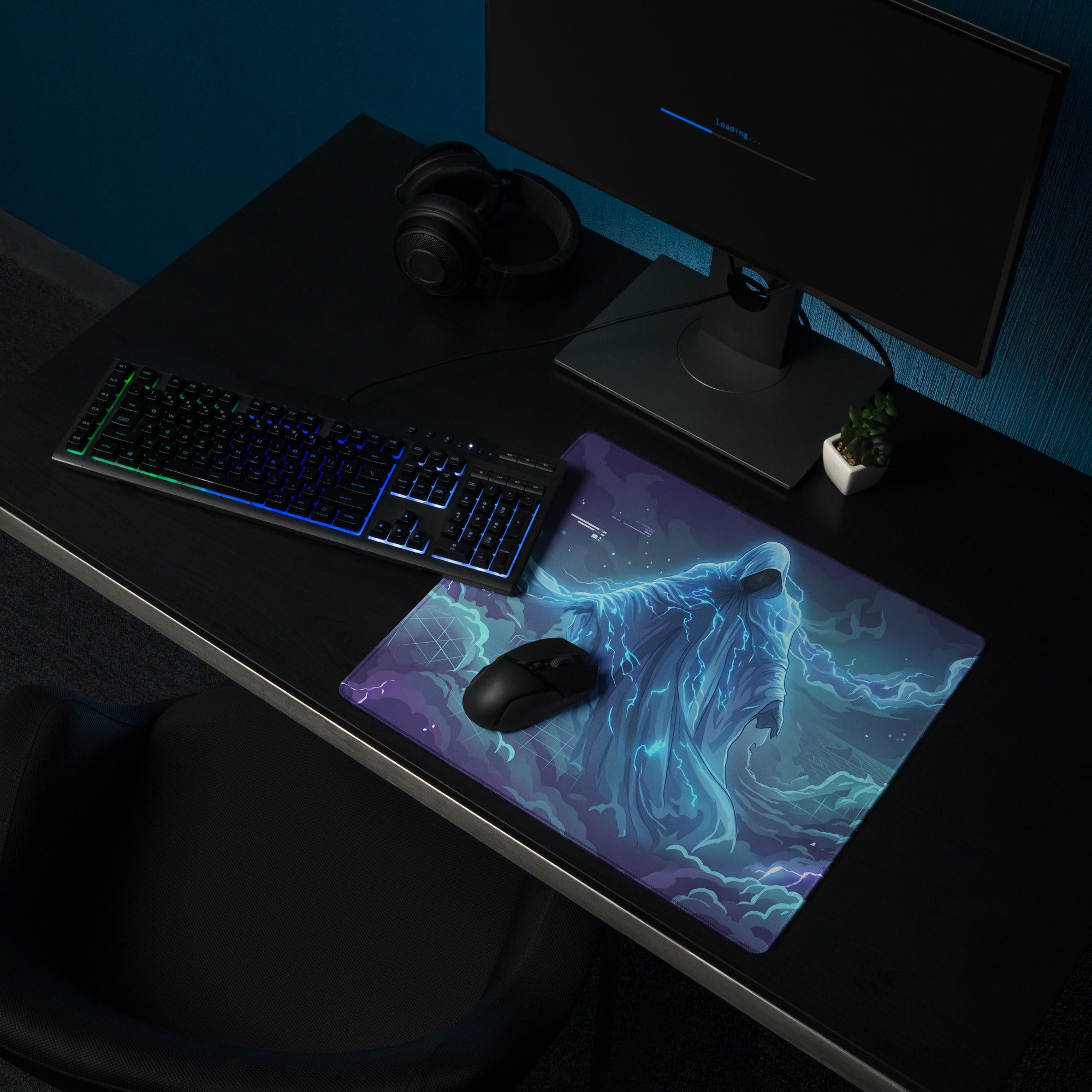 Vaporwave neon gaming mouse pad with vibrant blue and purple ghostly lightning illustration and black wireless mouse