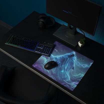 Vaporwave neon gaming mouse pad with vibrant blue and purple ghostly lightning illustration and black wireless mouse