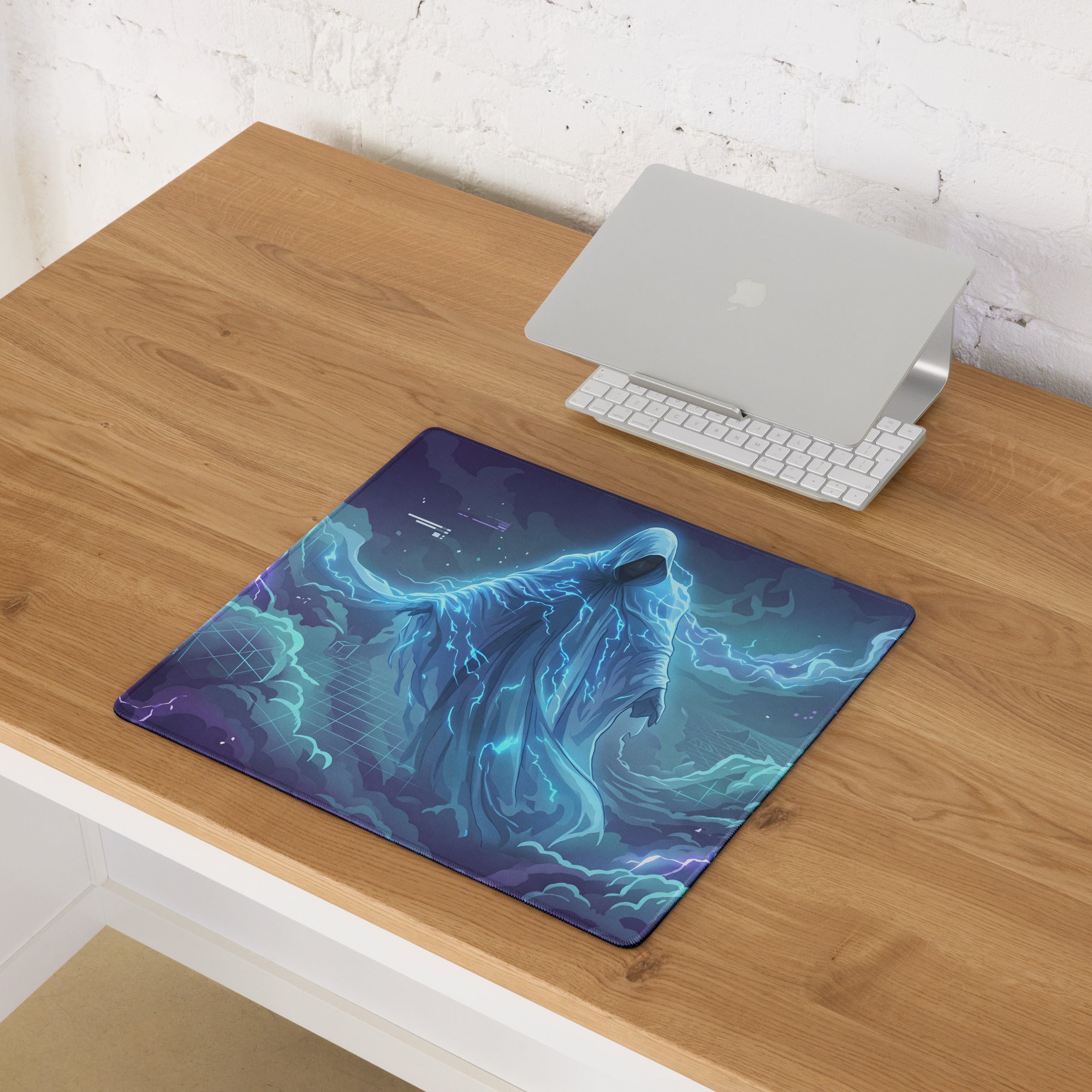A rectangular vaporwave neon gaming mouse pad with vibrant blue and teal cosmic design on a wooden desk