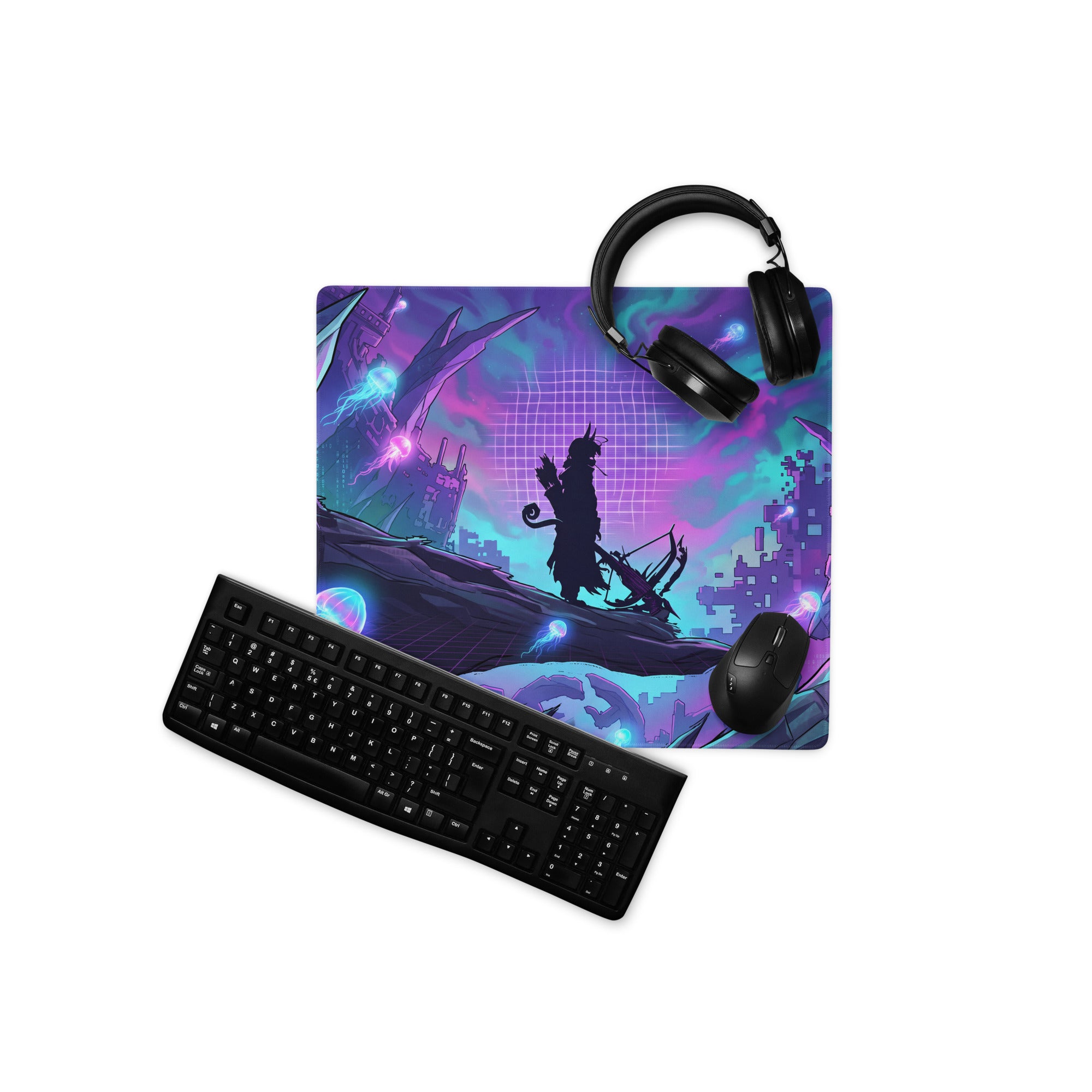 Vibrant purple and teal vaporwave neon nightscape gaming mouse pad with bow character silhouette and futuristic cityscape design