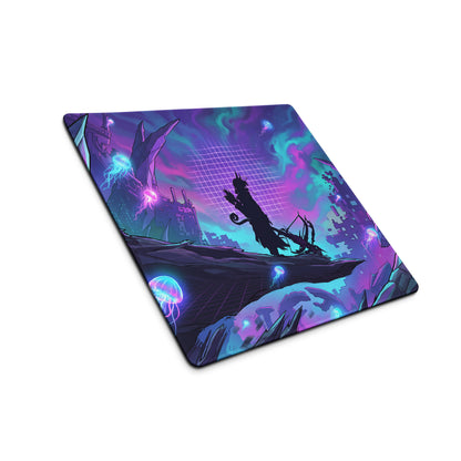 Vaporwave neon nightscape pad gaming mousepad with glowing purple teal cyberpunk landscape jellyfish and futuristic ruins