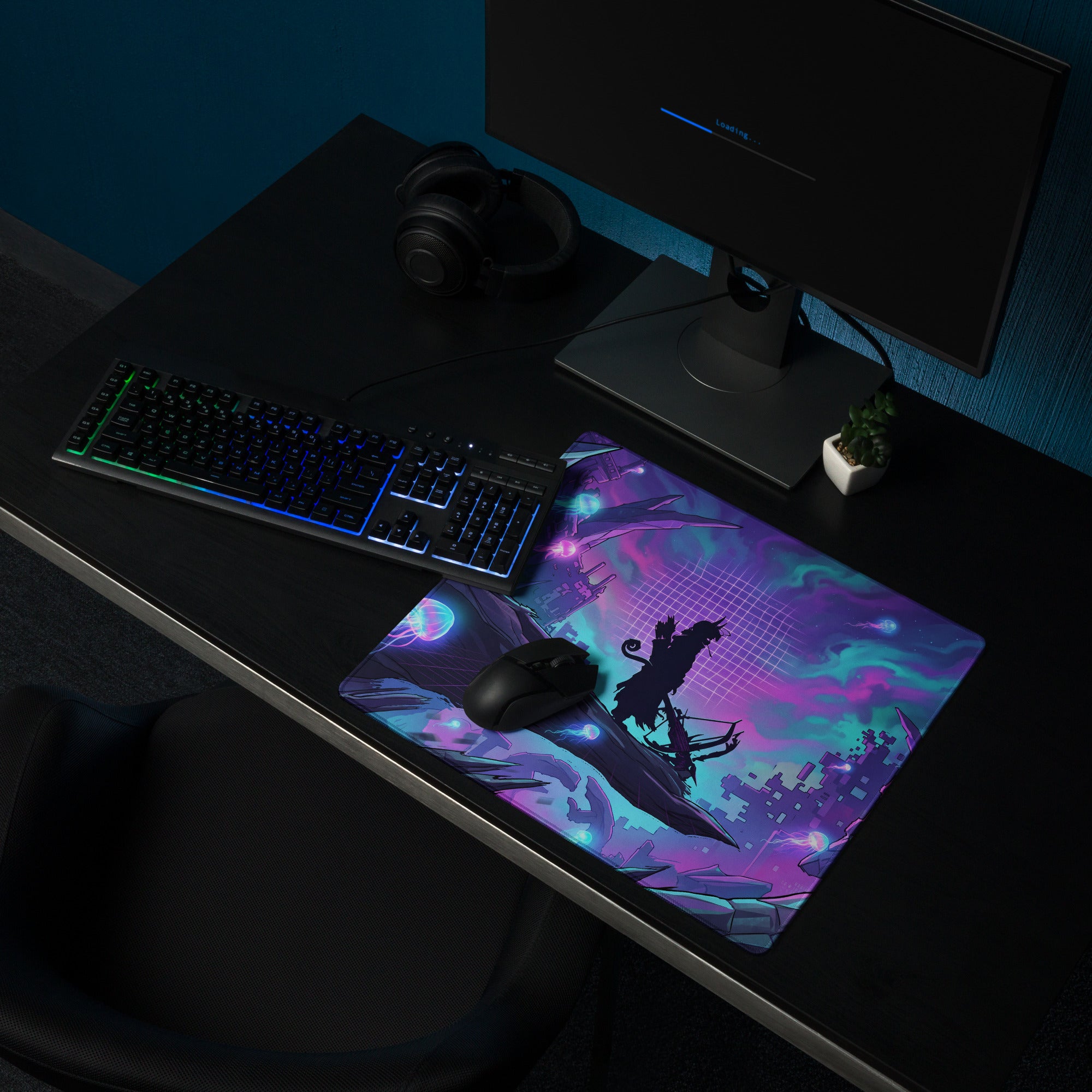 Vibrant purple and teal vaporwave neon nightscape gaming mouse pad with silhouette character and futuristic cityscape design