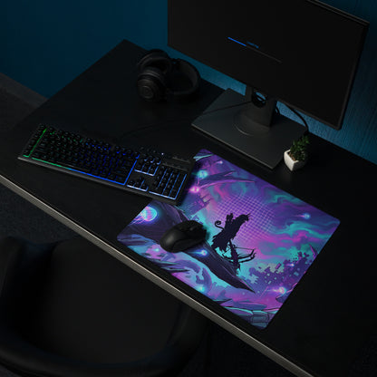 Vibrant purple and teal vaporwave neon nightscape gaming mouse pad with silhouette character and futuristic cityscape design
