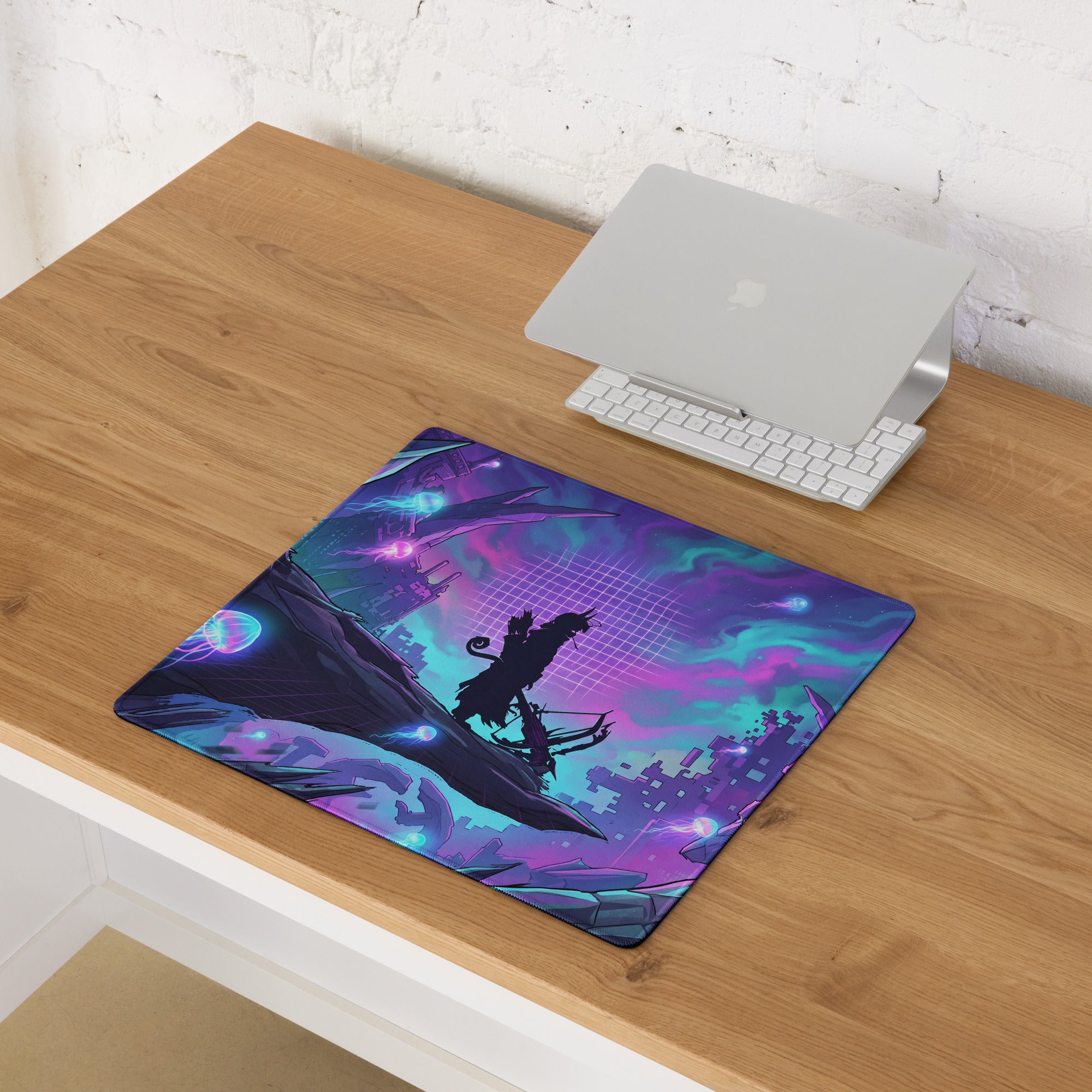 Vibrant purple and teal vaporwave neon nightscape gaming mousepad with silhouette on mechanical beast in futuristic cityscape