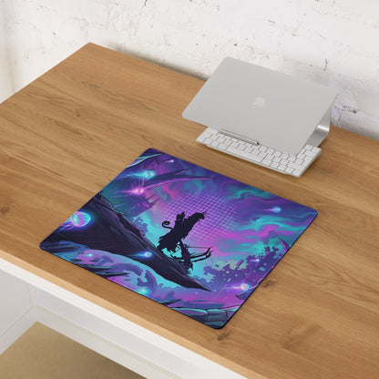 Vibrant purple and teal vaporwave neon nightscape gaming mousepad with silhouette on mechanical beast in futuristic cityscape
