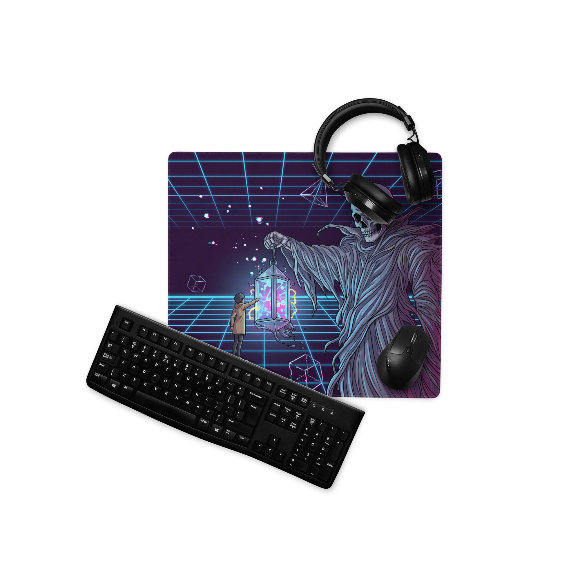 Neon vaporwave skeleton gaming mousepad with purple blue neon grid and glowing lantern skeletal figure design