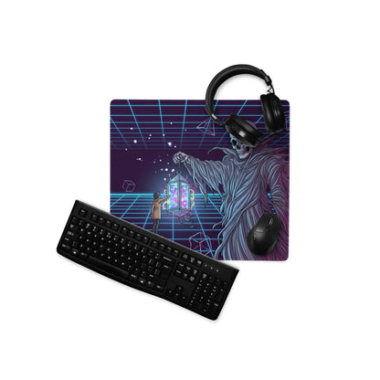 Neon vaporwave skeleton gaming mousepad with purple blue neon grid and glowing lantern skeletal figure design
