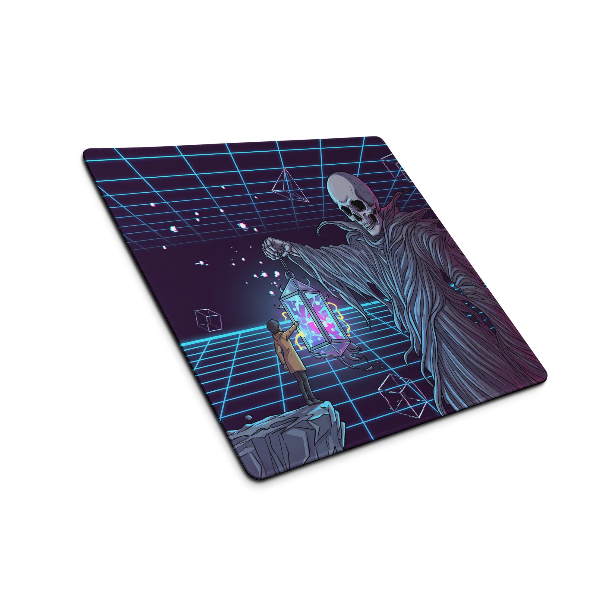 Navy blue rectangular gaming mousepad with neon vaporwave skeleton digital art featuring cosmic retro-futuristic design