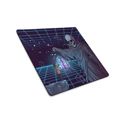 Navy blue rectangular gaming mousepad with neon vaporwave skeleton digital art featuring cosmic retro-futuristic design