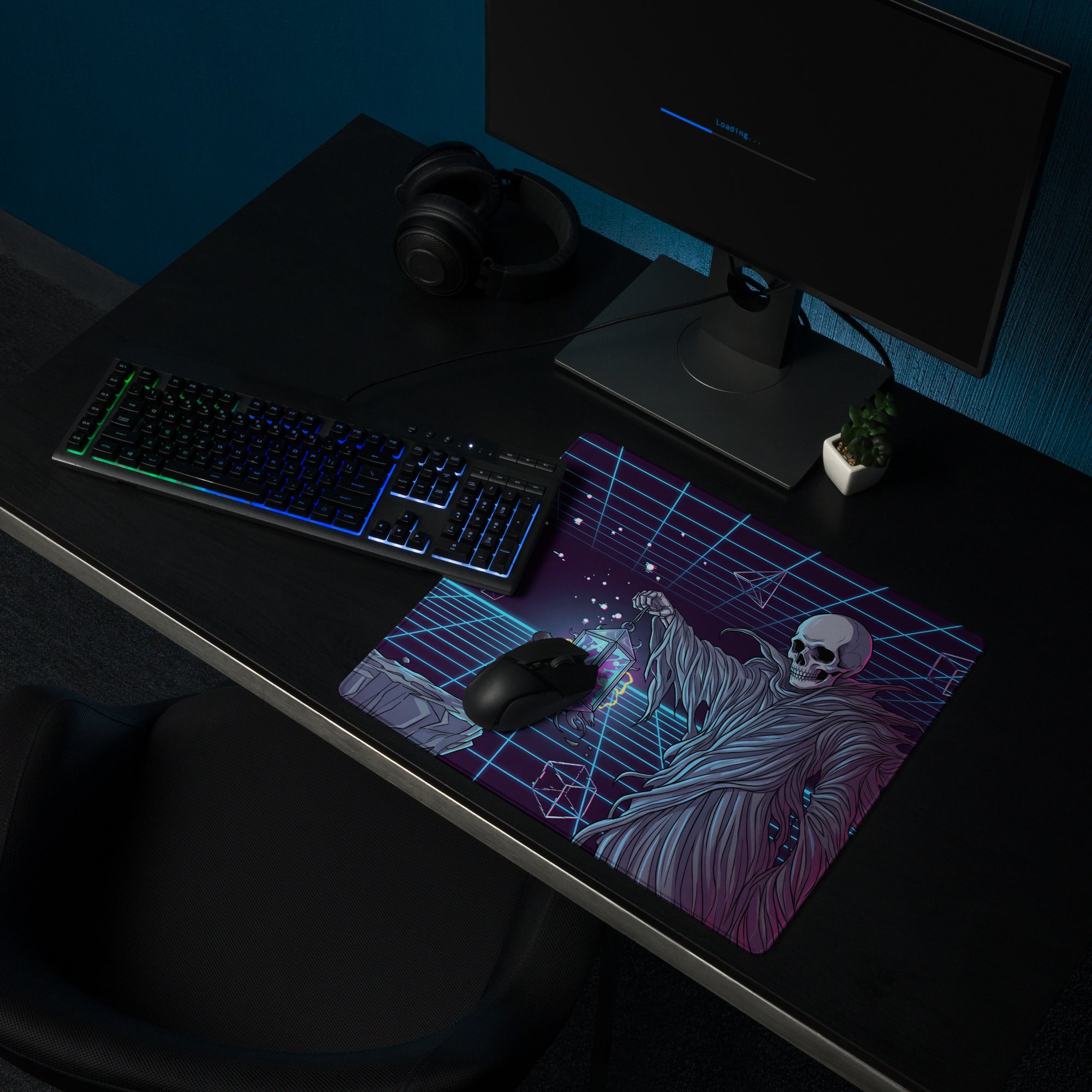 A rectangular gaming mousepad with a neon purple vaporwave skeleton design on a moody cyberpunk grid background